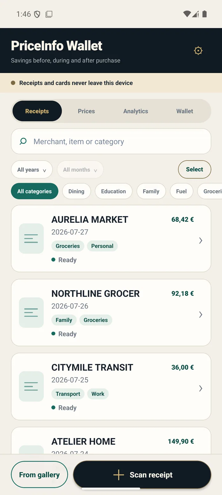 PriceInfo Wallet: Paragony